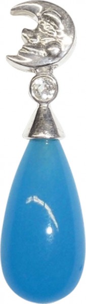 Origineller Anhänger in echtem Silber Sterlingsilber 925/- besetzt mit einem weissen funkelnden Zirkonia und  blauem Chalcedon- Stein in Tropfenform. Mit schlafende Halbmond- Motiv. Länge 36mm, Breite 10mm. Gewicht 3,8g. Die Oberfläche ist poliert. Geei