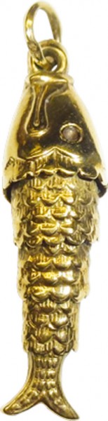 Hochwertiger goldener Fisch Anhänger in reinem Gelbgold 333/-, hochglanzpoliert, feingliedrig daher beweglich und ein besonderer Blickfang. Die Länge des Anhängers ist 2,5mm. Der Durchmesser der Öse des Anhängers ist für Ketten bis 2,5 mm geeignet. Das Be