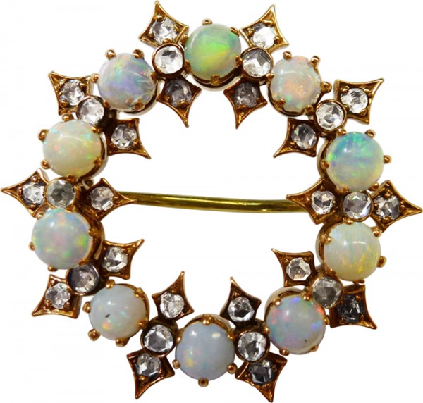 Brosche/Anstecknadel/Anhänger in Rosegold 585/- mit Diamanten und Opale