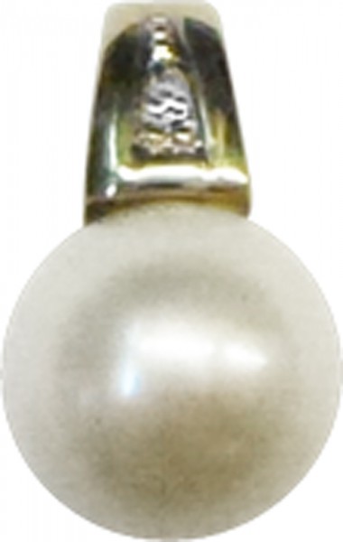 Anhänger in Gelbgold 585/-mit einer jap. Akoyazucht-perle dmr. 9mm und Dia.0,01ct 8/8, W/P, Länge 15mmLg. 5X2mm, poliert