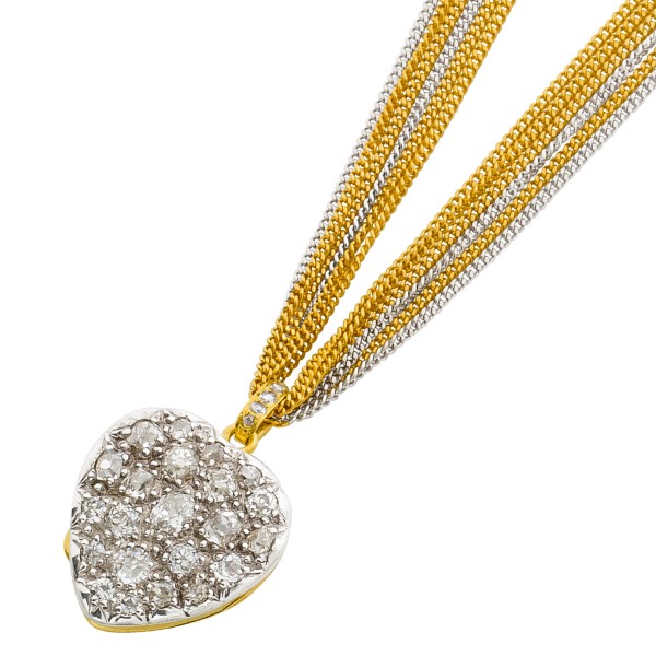 Collier Antik Kronjuwel Biedermeier Epoche Herzmedaillon Gelbgold 750 Silber 800 27 Diamanten ca 8,00ct TW/SI Altschliff, 42cm