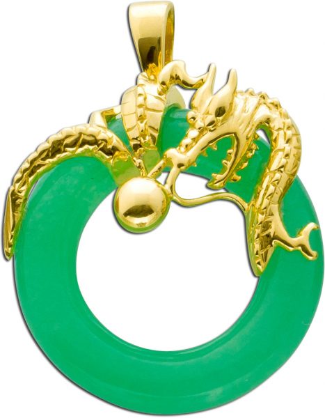 Chinesischer Anhänger Gelbgold 585 goldener Drache hellgrüner Jade Edelstein