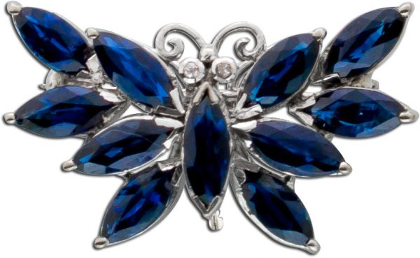 Antiker Anhänger Brosche Schmetterling Weissgold 585 blaue feinste Saphire Navette Schliff 3,0ct feinste Goldschmiedearbeit 50er Jahre