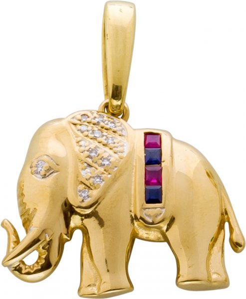 Elefant Anhänger Gelbgold 585 Diamanten Saphire Rubin Carrees
