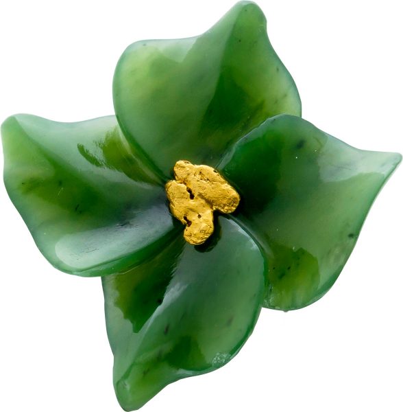 Antike Blüten Jade Anstecknadel Anhänger grün Metall vergoldet 20er Jahre handgeschliffen