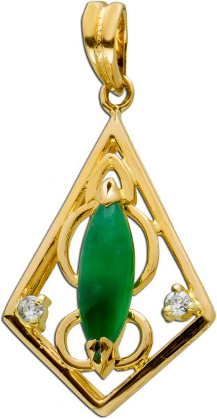 Antiker Diamant Jade Anhänger Gelbgold 585 Jade Edelstein Cabochon TW/SI 0,02 Carat Um 1960 TOP Zustand