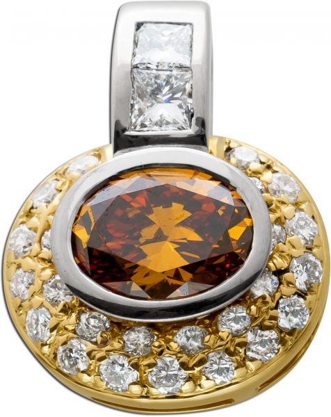 Exclusiver Anhänger Brillant 1,55-1,60 Diamant  Gold750 Diamant Mittelstein seltene Orange-Braune Brillanz 2 Diamanten Prinzess Cut und 25 Brillanten Unikat mit Görg Zertifikat!