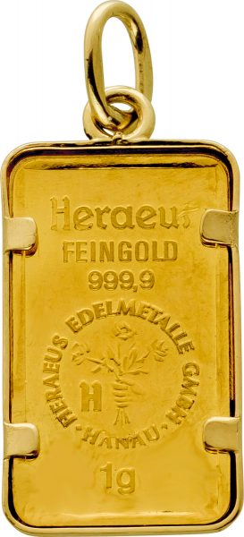 Antiker Anhänger Goldbarren Feingold 999,9 Betende Hände Fassung und Öse Gelbgold 14 Karat 1960 neuwertiger Sammlerzustand Symbol der Kraft und Ruhe