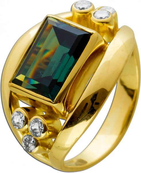 Antiker Turmalin Brillant Edelsteinring von 1950 Gelbgold 585 Turmalin Emerald Cut 6 Brillanten 0,30ct. TW/VVSI Ringgröße 18mm änderbar Neuwertig