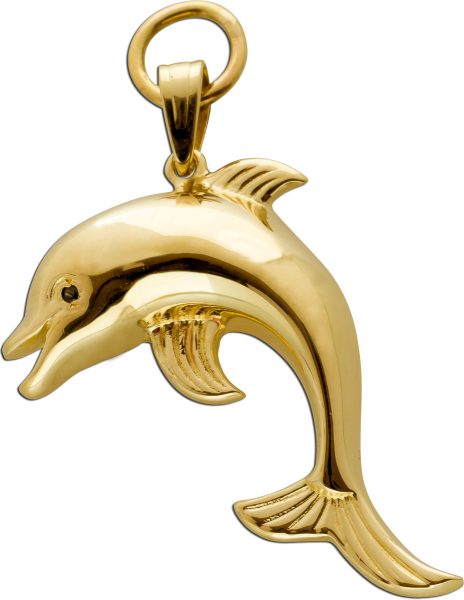 Antiker Delphin Anhänger Gelbgold 14 Karat 585 1 echter Saphir Edelstein Vintage um 1970 geschmiedet