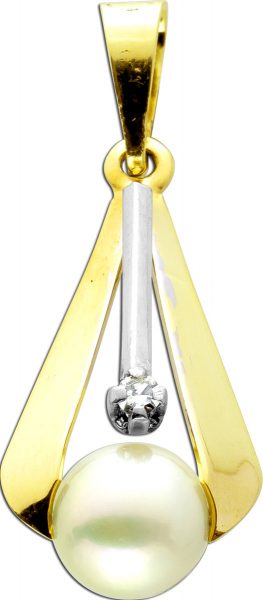 Antiker Anhänger um 1950 Gelb Weißgold 585 14 Karat 1 Diamant 0,01ct TW/VVSI 8/8 1 Akoya Perle rose Perlenlustre
