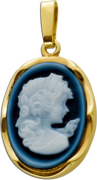 Antiker Achat Gemmen Anhänger Gelbgold 585 14 Karat geschnitzter Frauenkopf dunkelblau-Antrazit Vintage um 1950