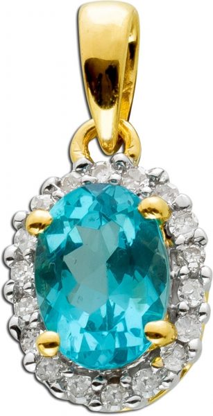 Anhänger Gelb Weißgold 14 Karat 585 1 blau leuchtender Blautopas Edelstein 20 Diamanten 8/8 W/J1 Total 0,20ct