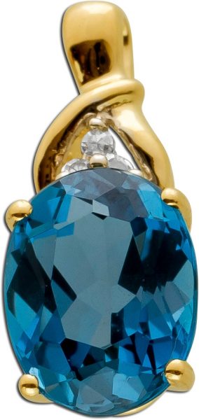 Edelstein Diamant  Anhänger Gelbgold 14 Karat 585 1 blau leuchtender Blautopas Edelstein cirka 2ct 3 Diamanten Total 0,03ct W/J1