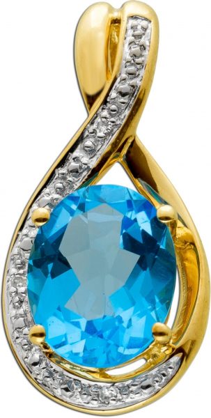 Edelstein Diamant Anhänger Gelbgold  8 Karat 333 1 blau leuchtender Blautopas Edelstein 5 Diamanten Total 0,05ct 8/8 W/J1