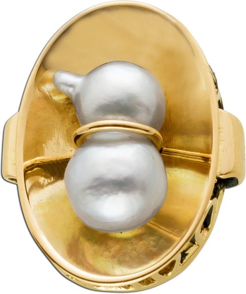 Antiker Perlen Anhänger Gelbgold 18 Karat  750 1 seltene japanische Akoya  Zwillingsperle rose farbenes Perlenlüster Vintage um 1920