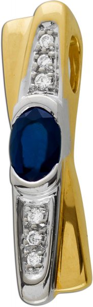 Saphir-Brillant Anhänger in Gelbgold 585 mit 1 blauen Saprhir Edelstein mit 6 Brillanten in WG Bett tot0,05ct,1mm, TW/SI. Gew. 2,5g