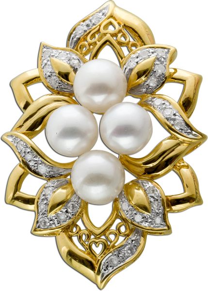 Perlen Diamantanhänger Gelbgold 14Karat 28 Diamanten Total 0,28ct. W/I1 4 feinste Japanische Akoyaperlen Top AAA Rose Lustre 6,5-7mm Unikat
