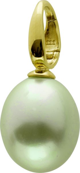 Perlen Anhänger Gelbgold 333 Südseeperle synthetisch hellgrün-silberlippiges Perlenlustre riesig 17,5×14,5mm Einhängeclip Schließe Unikat