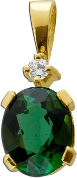 Anhänger Gelbgold 585 14 Karat feinster grün leuchtender Turmalin Edelstein 1 Diamant Brillantschliff 0,03ct TW/ Lupenrein