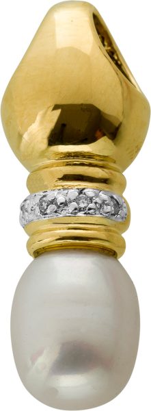 Designer Anhänger Gelb Weißgold 585 14 Karat 1 Japanische Biwa Perle 8 Diamanten Brillantschliff Total 0,08ct W/SI