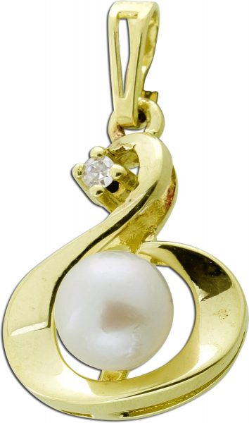 Antiker Perlen Anhänger mit Diamant von 1970 Gelbgold 333 Japanische Akoyaperle 6,4mm Top Lustre Diamant 0,03ct.TW/VSI
