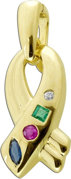 Goldanhänger mit Edelsteinen Gelbgold 585 Brillant 0,02ct.TW/VSI grüner Smaragd roter Rubin blauer Saphir Designer Goldschmiede Unikat