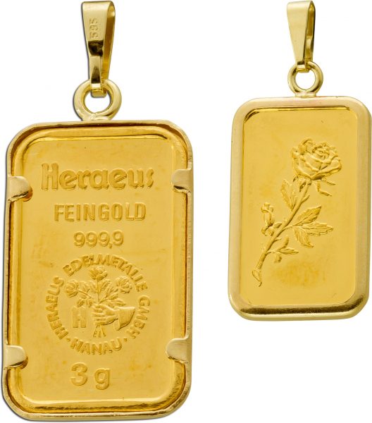 Goldbarren Anhänger Feingold 999 Firma Heraeus Barrenfassung 14Karat