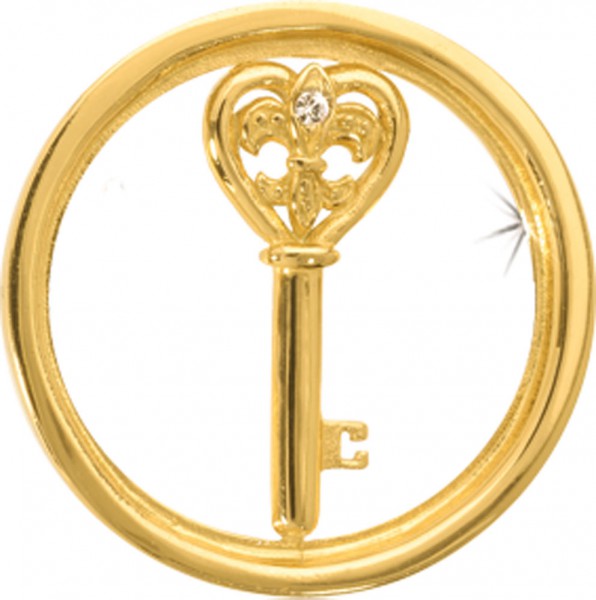 Nikki Lissoni  Coin / Münze  Heart Key Modellnummer: C1033GS  Trendiger Anhänger/ Münze in feinem gelbgoldplattiertem Edelstahl.  Diese bezaubernde Münze ist für die Nikki Lissoni Basis Fassung (Ø 25mm) geeignet und hat einen Durchmesser von 23,6 mm. Ei