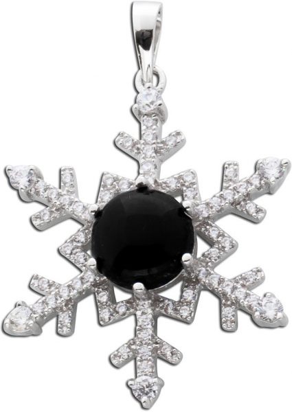 Schwarzer Onyx Anhänger weiße Zirkonia Schneeflocke Silber 925