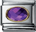 Elegantes Nomination-Element  Violetter Zirkonia   mit Motiv aus 18 Karat Gold und einem violetten Zirkonia in einer Goldfassung. Der Anhänger besteht ansonsten aus Edelstahl. Seine Höhe und Breite sind ca. 10mm. Seine Stärke ist ca 6,5 mm. In Premiumqu