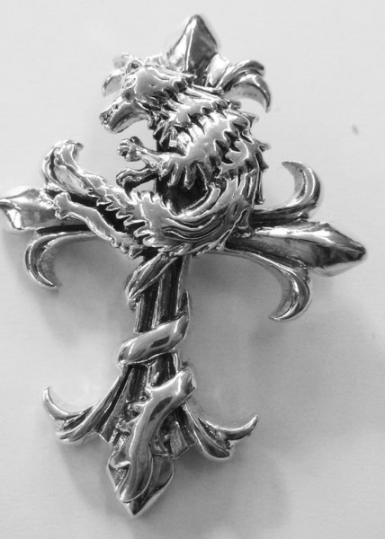 Kreuzanhaenger mit Drachen in Silber Sterlingsilber 925/- schwarz oxidiert, hoehe 41m m, Breite 32mm, Lg 4,8mm