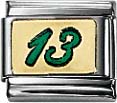 Lustiges Nomination-Element   Grüne 13  mit Motiv Zahl 13 aus grüner Emaille und 18 Karat Gold . Dieser Anhänger besteht ansonsten aus Edelstahl und paßt genau auf alle trendigen Nomination-Armbänder. Seine Maße sind ca. 10mmx10mm und seine Stärke ist c